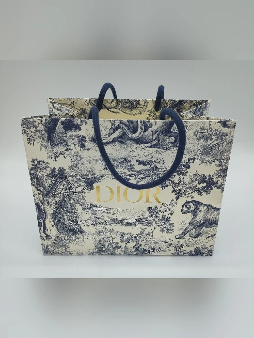 DIOR Toile Jungle Navy Gift Bag Gold Logo Boutique Packaging Tiger Medium EUC